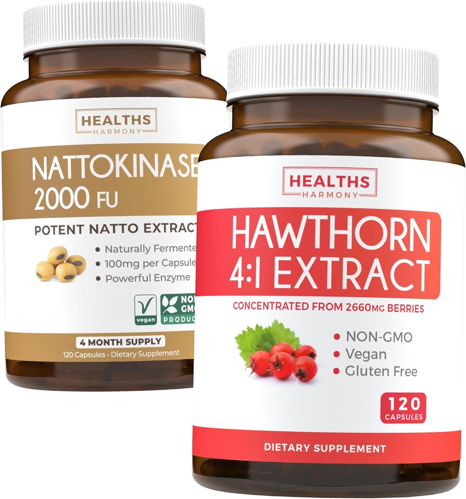 Nattokinase & Hawthorn (4-Mēness Piedāvājums) Nattokināze Berry Harmony - Nattokināze 2000 FU Spēcīgi dabiski fermentēti sojas pupiņu (4-Mēness Piedāvājums) & Hawthorn Berry 4:1 Ekstrakts - Vegāns un ne-GMO