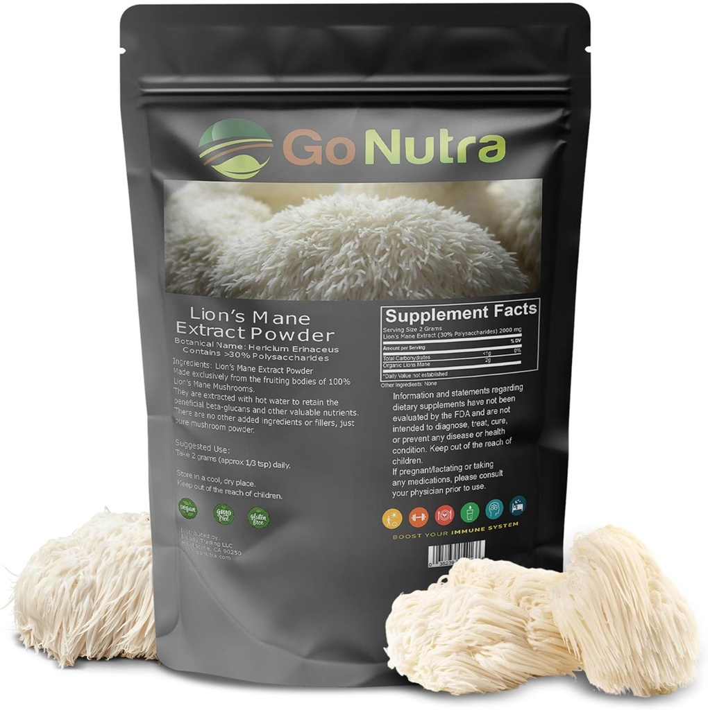 Go Nutra - Lauvas krēpes pulveris, potents 10:1 Lauvas krēpes sēņu pulveris ar 30% polisaharīdiem, Pure Lauvas krēpes ekstrakts tējai, sulai, ūdenim un vēl, ne-GMO, Vegan, 4 un vairāk