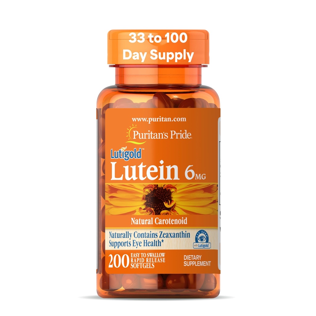Puritan's Pride Premium LuticoldTM Lutein Carotenoid 6mg ar Zeaxanthin vīriešiem un sievietēm, Diētiskā papildinājums acu veselības atbalstam, 200 Rapid Release Softgels