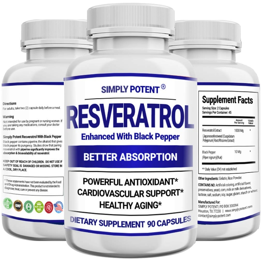 Resveratrol 1000mg Papildinājums, Trans Resveratrol 500mg, Resveratrol Uzlabots ar melno piparu Max Absorbcija, Spēcīgs Antioksidants & Anti-Aging Tabletes sirds, Imūnās un ādas veselība, 90 Kapsulas