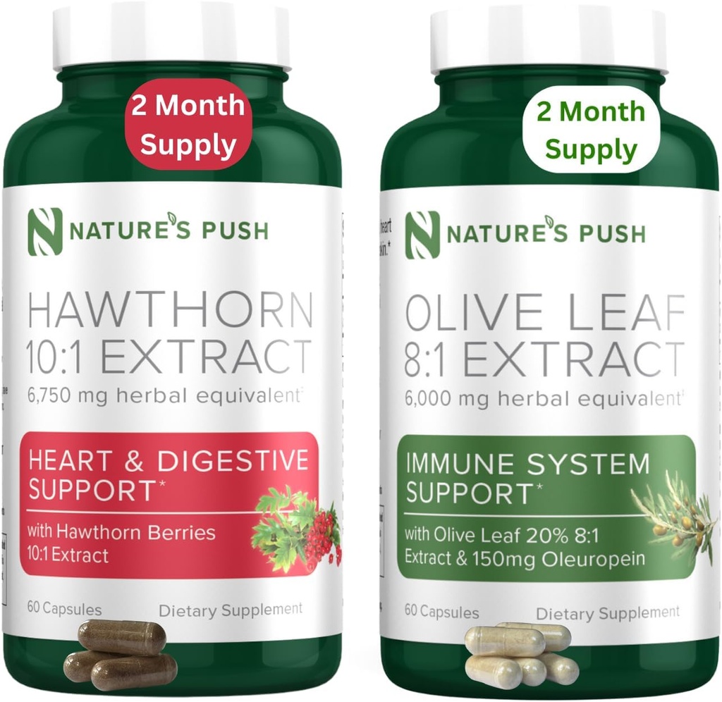 Dabas Push Hawthorn Berry un Olive Leaf Bandle of Super Potent 10:1 Hawthorn Berry Extract (2 Month Supply) un Olive Leaf Super Potent 8:1 Extract 20% Oleuropein 750mg Kapsulas (2 Month Supply)