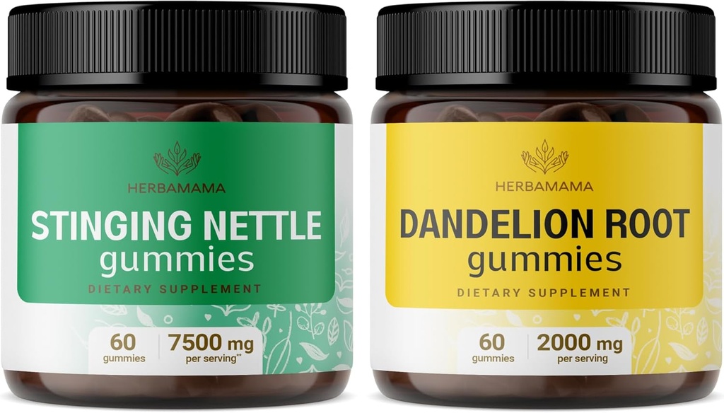 HERBAMA Sting Nettle un Dandelion Kit - Bandle 7500 mg Sting Nettle Saknes & 2000 mg Dandelion Saknes Gumijas - Vegan, ne- GMO, bez želatīna - 2 iepakojumi