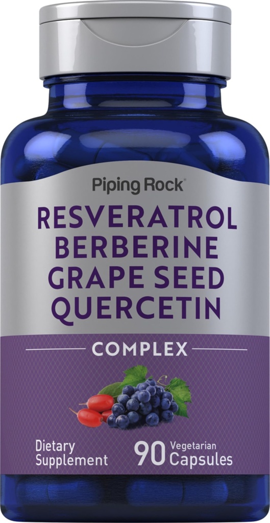 Piping Rock Resveratrol Berberine Vīnogu sēklu & Quercetin Complex - 90 Kapsulas - Veģetārs, nav GMO, un bez lipekļa papildinājums