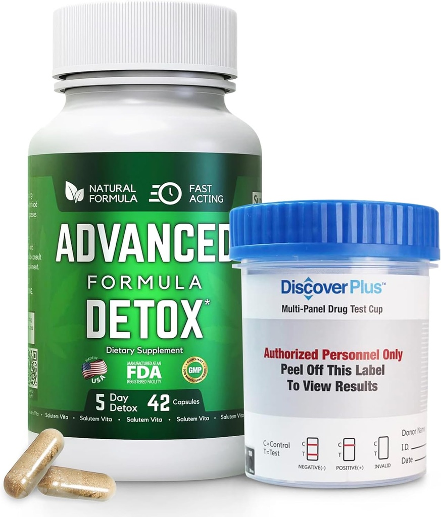 Advanced Detox Cleanse, Detox Kit ar Test Cup, Natural Detox & Cleanse with Milk Thattle, lakricas pulveris, un vēl, Body Cleanse Detox sievietēm un vīriešiem, 42 kapsulas, 1 iepakojums