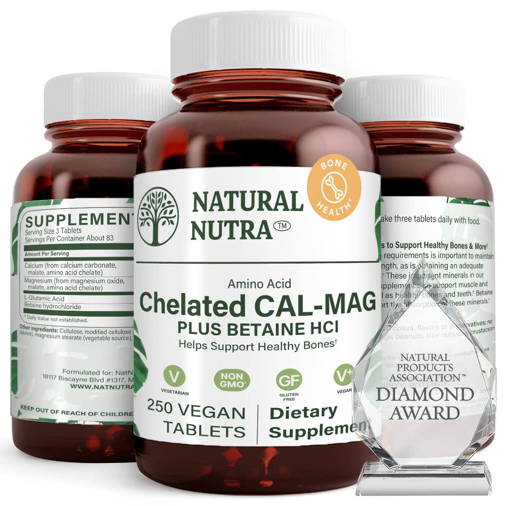 Dabas Nutra Helated kalcija Magnijs 1000/500 mg piedevas Plus Betaine HCL - Helated Cal Mag uzlabo kaulu blīvumu, atbalsta muskuļus, zobus, sirds un asinsvadu un nervu veselību, 250 Vegan tabletes