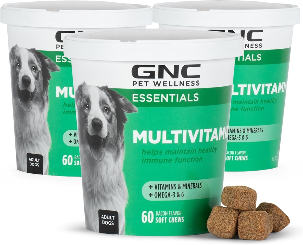 GNC Mājdzīvnieki Essentials Dog Multivitamīnu Soft Chews, Salmon Oil Dog Papildinājums Bacon Flavor, Imūnās Revakcinācijas un ādas un apvalki Atbalsts Košļājams ar vitamīniem un minerālvielām, 60 Count - 3 Pack