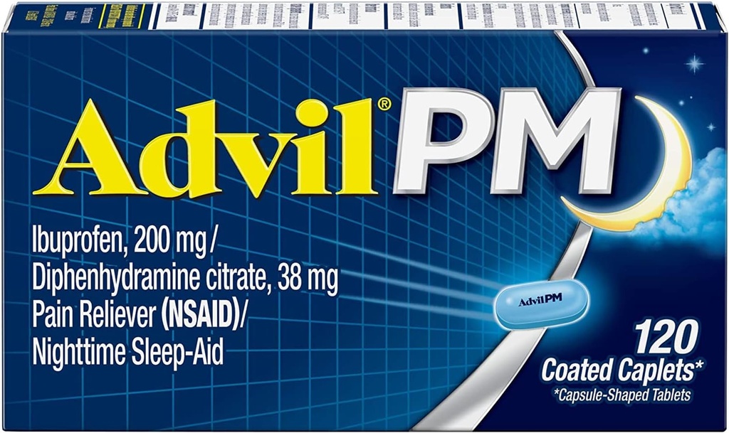 Advil PM (120 skaitļa) sāpes Reliver/Nighttime Miega palīglīdzeklis Apvalks, 200 mg Ibuprofēns, 38 mg Difenhidramīns (iepakojums no 2)