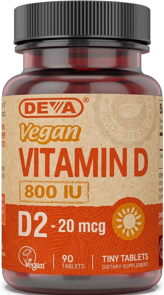 Deva Vegan vitamīns D2 800 SV, Ergocalciferol Papildinājums bez dzīvnieku izcelsmes sastāvdaļām, ātra izšķīdināšana, 90 tabletes, 1- iepakojums