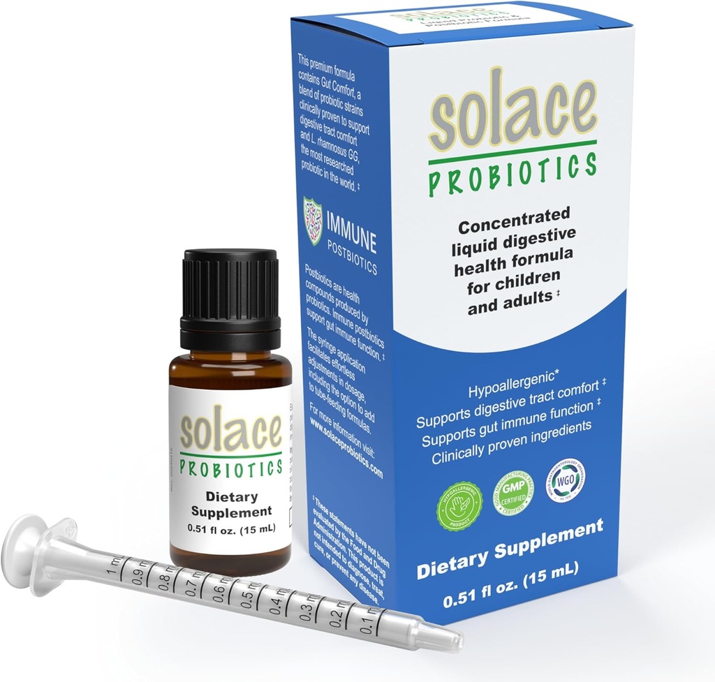 Solace Probiotics Šķidrā formula pieaugušajiem un bērniem - Koncentrēta Blend gremošanas veselībai un imunitātei, klīniski izpētīta, viegla šļirces lietošana, hipoalerģiska - 15 ml