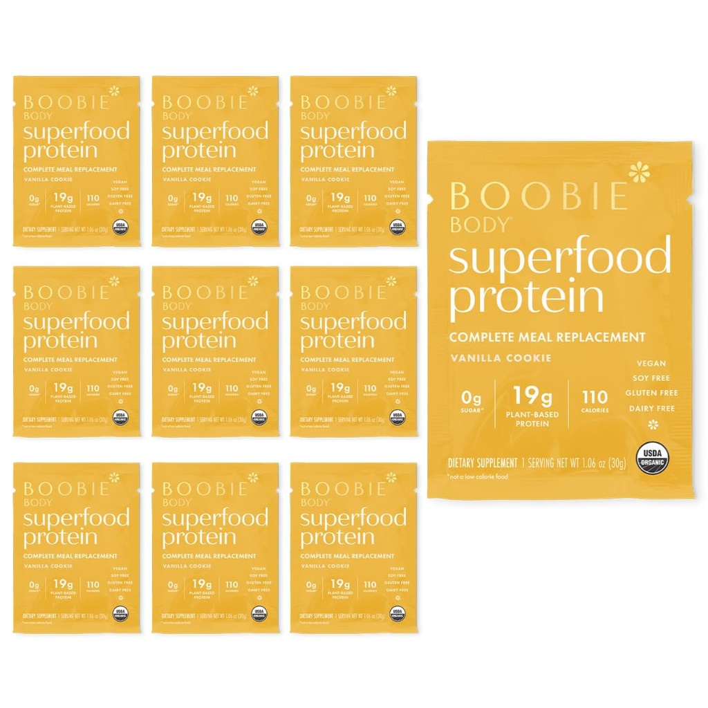 Boobie Body Superfood Protein Shake for Moms, Grūtniecības un zīdīšanas atbalsts Olbaltumvielu pulveris palielināt piena piegādi, probiotikas, Organic, bez piena, bez lipekļa Vegan Vanilla Cookie Single Srv 10pk