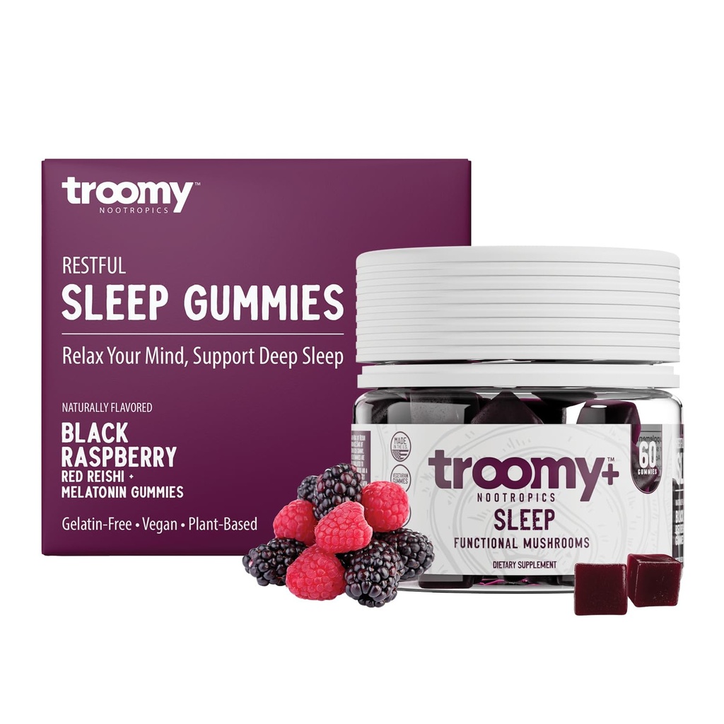 Troomy Miega Reishi + melatonīns Great Tasting Mushroom Gumies - Atbalsta Restful Miega & Stresa samazināšanās - Black Avenes - 60 Count