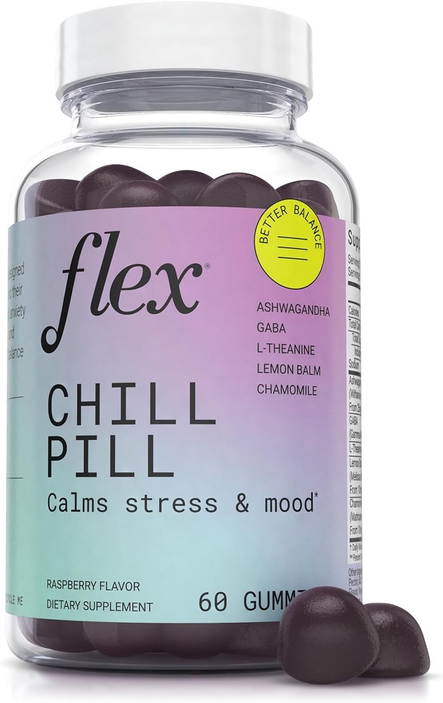 FLEX Chill Pill - Stress Relief - Līdzsvars - Palīdz Relax - Ashwagandha - L-Theanine - GABA - Kumelīte - Lemon Balm - Berry Flavor - Vegan-Friendly - Gluten-Free - 60 Gumijas (Chill Pill)