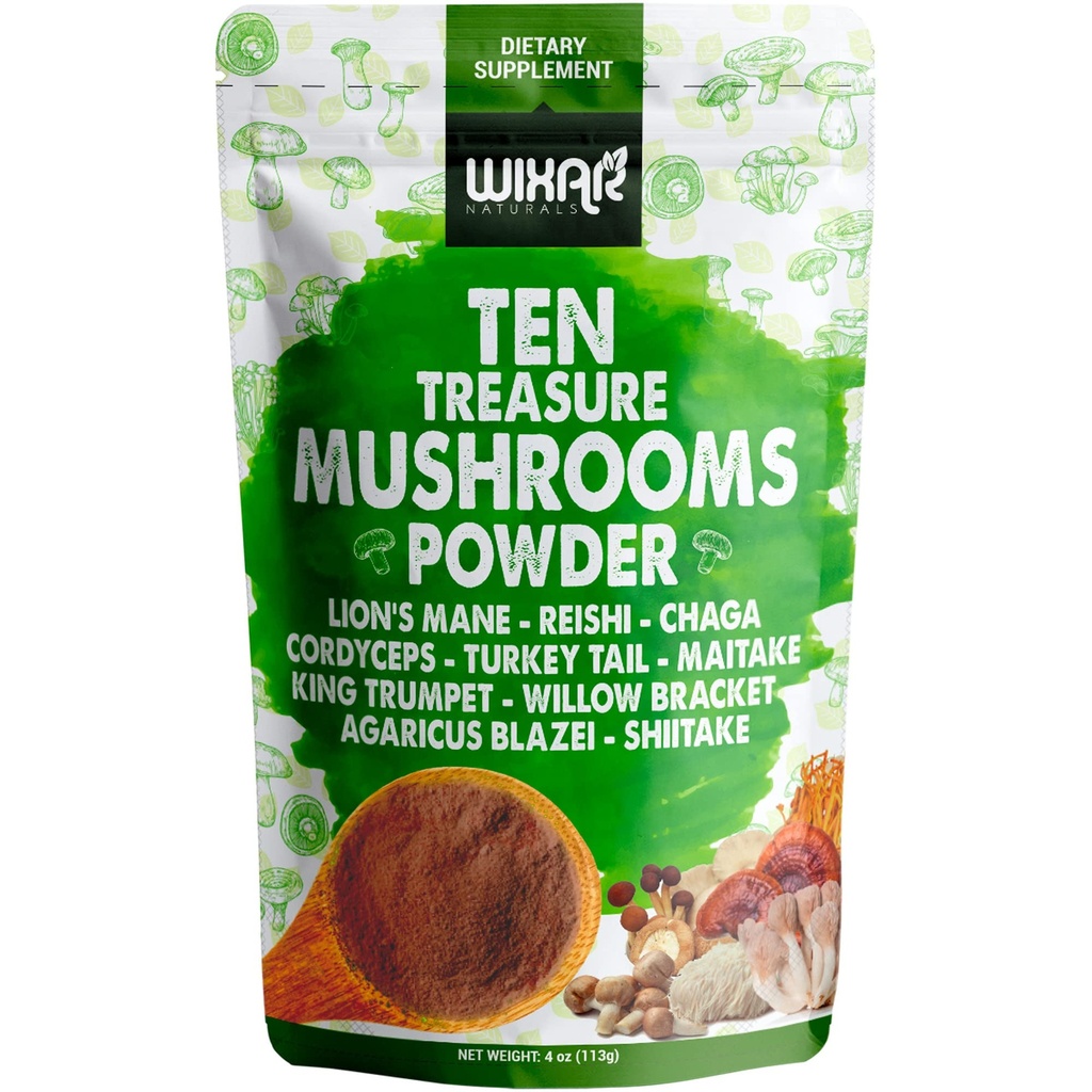 Wixar sēņu pulveris - desmit dārgumi Sēņu ekstrakts Papildinājums Coffee & Smoothies - Lions Mane, Turcija Aste, Reishi, Chaga, Shiitake, Cordyceps, Complex - 4oz Sēņu Papildinājums