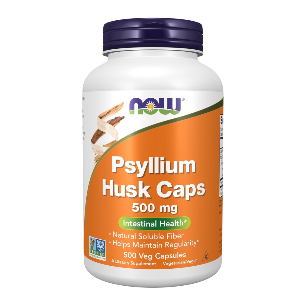 NOW pārtikas piedevas, Psyllium Husk Caps 500 mg, Ne-GMO projekts apstiprināts, Dabīgs Šķīstošs Fiber, zarnu veselība*, 500 Veg kapsulas