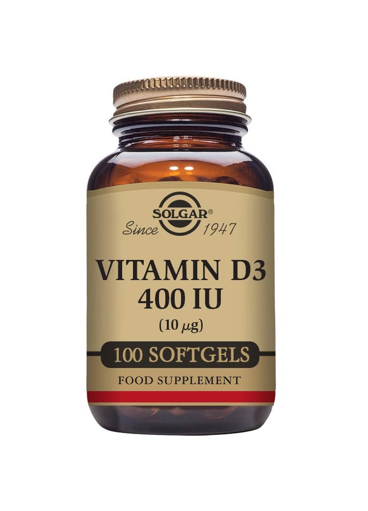 Solgar vitamīns D3 (holekalciferols) 10 MCG (400 SV), 100 softgeli - palīdz uzturēt kaulus un zobus - Imūnsistēmas atbalsts - ne-GMO, bez lipekļa, bez piena - 100 Kalpojumi