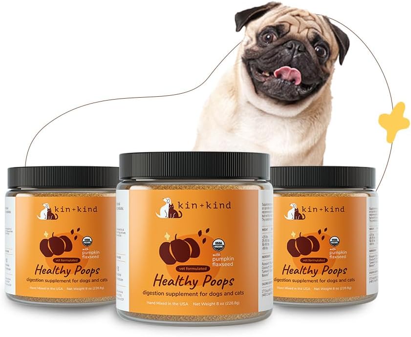 kin+kind Organic Fiber suņiem un kaķiem - Ķirbju Boost veselīgu kaudzes - gremošanas veselība - Linu sēklu, ingvera, kurkuma un kokosriekstu - Ražots ASV - Bundle (3 x 8 oz)