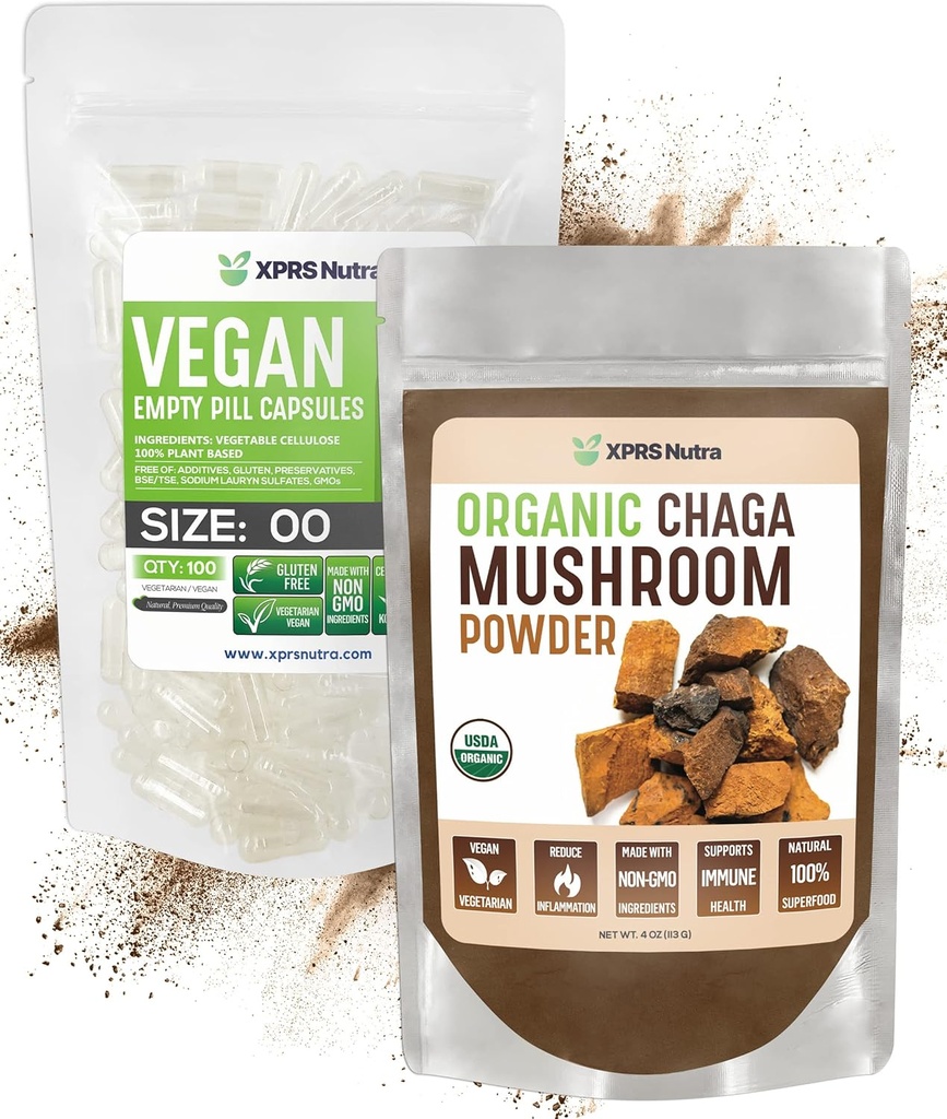 XPRS Nutra Organic Chaga Powder 4 Ounce ar izmēru 00 Iepriekš atdalītas tukšas kapsulas (100 Skaits) Paka