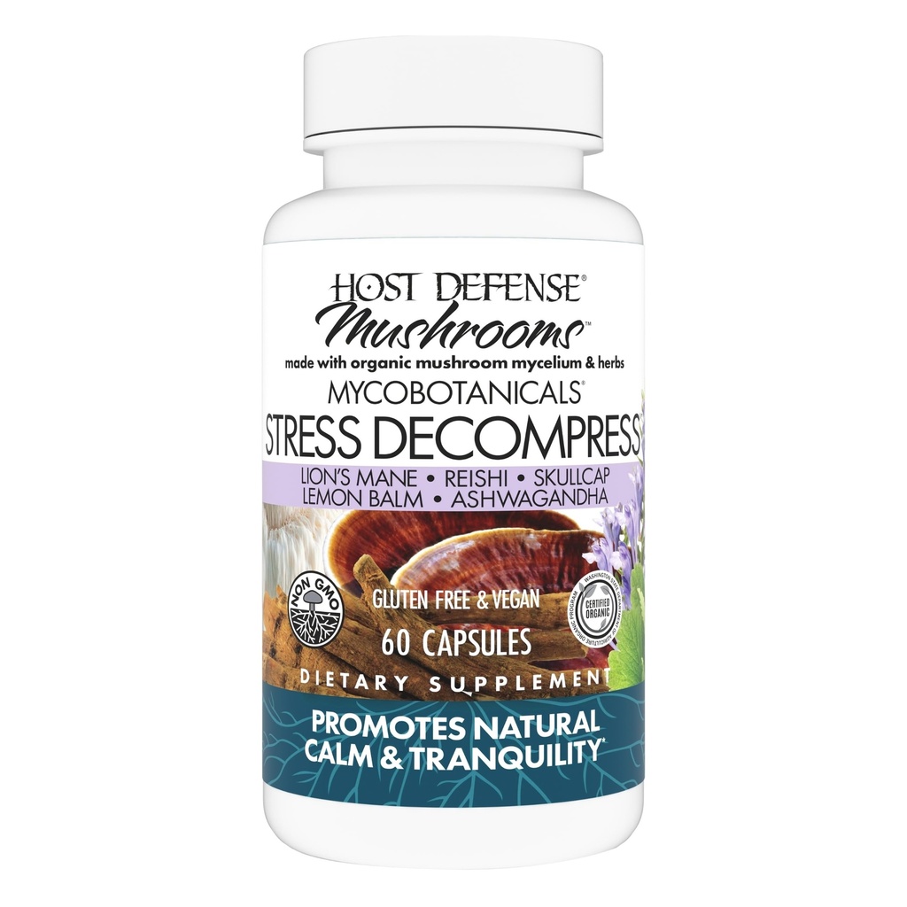 Host Defense MycoBoticals Stress Decompress* Kapsulas - Sēnes Papildinājums ar citronu Balm & Ashwagandha Saknes - ar Reishi, Lauvas cilvēks & Skullcap - 60 kapsulas (30 Kalpo)*