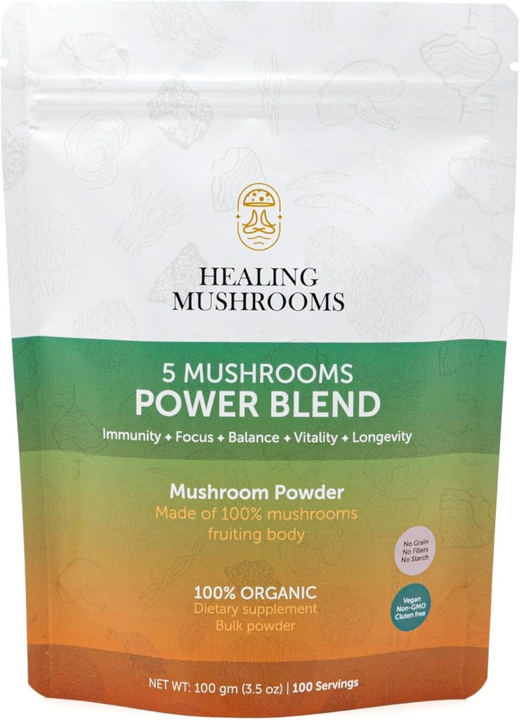 5 Sēnes Power Bland, Organic Powder with Lions Mane, Reishi, Cordyceps, Turkey Aste, Chaga. 100 Grams
