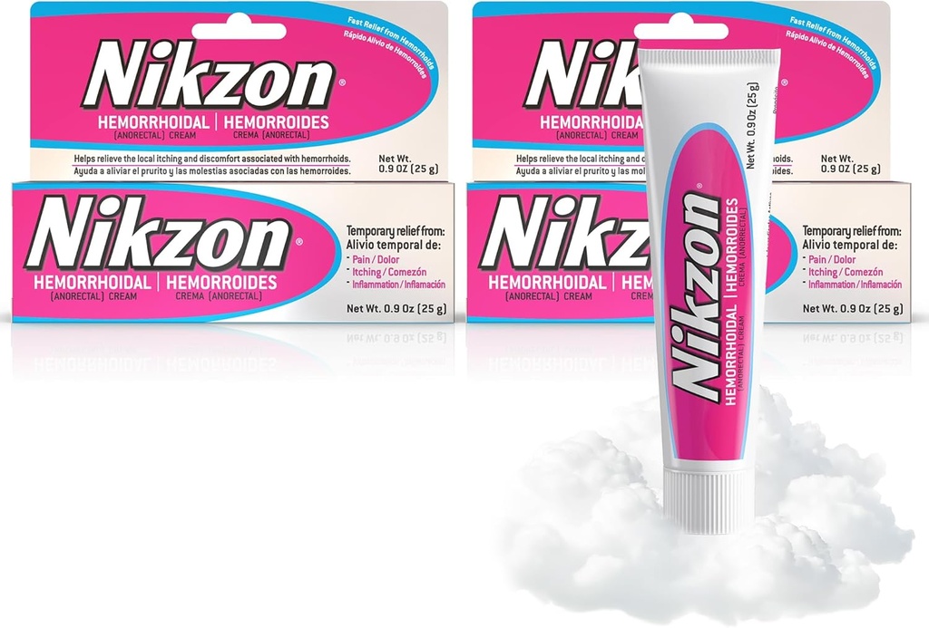 Nikzon Hemorrhoid Cream; dubulta iedarbība uz sāpēm un pietūkumu; nejutīgums; kairināta anorektāla zona; nomierinoša un ātras iedarbības formula; divējādas darbības hemorrhoid ārstēšana; 0,9 Oz, 2-Pack