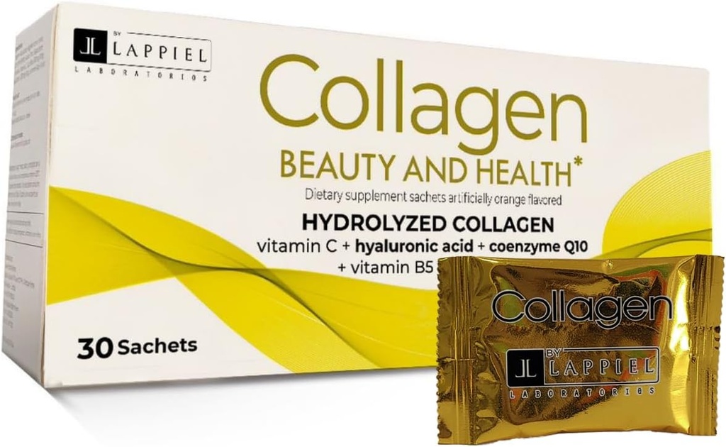 Hidrolizēts kolagēns Peptīdi 30 Pulverveida paketes ar C vitamīnu (1000mg) un hialuronskābi, kas atbalsta matus, ādu, nagus un locītavas, Orange Flavor, 30 Kalpo