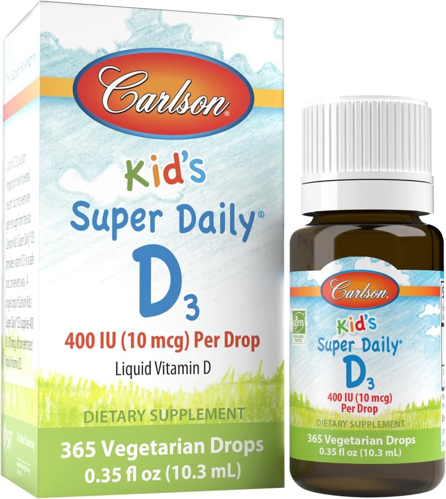 Carlson - Kid's Super Daily D3, Kids D vitamīna pilieni, 400 SV (10 μg) vienā pilienā, sirds veselība, imūnā palīdzība, veģetārietis, šķidri D vitamīna pilieni, nespēcīgi, 365 pilieni
