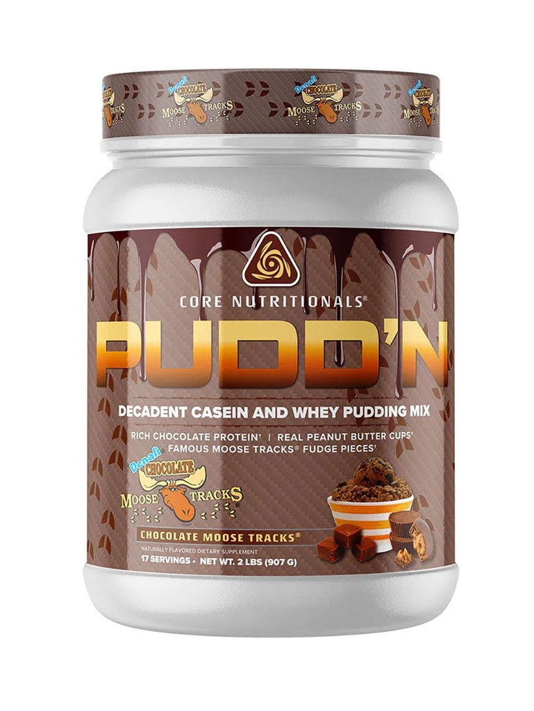 Core Nutritionals Pudd'n, Dekadent Protein Pudding Mix, Full Disclosure Casein Blend, ilgstošas atbrīvošanas, 20G Protein, 17 Servējumi (šokolādes Moose Tracks, 2 lb)