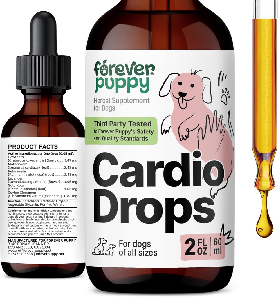 Forever Puppy Cardio Drops suņiem - Hawthorn Berry & Motherwort Herb - Šķidrs Antioksidants Papildinājums ar Gotu Kola Leaves & Lavender Extract - 2 fl oz