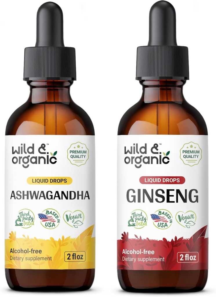 Savvaļas un organiskās ašvagandas Tincture 4 fl oz & ginseng Tincture 4 fl oz
