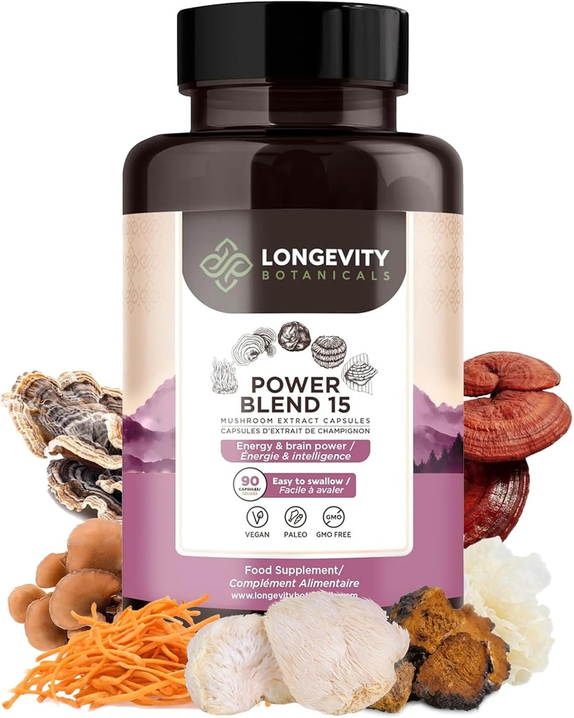 Jauda 15 Sēnes Blend Capsules Papildinājums (90) - Augsta stipruma ekstrakts Komplekss - ar Lions Mane, Turcija Taile, Cordyceps, Reishi, Chaga & Tremella - 20% Beta-D Glucans - Imunity & Vitality Atbalsta