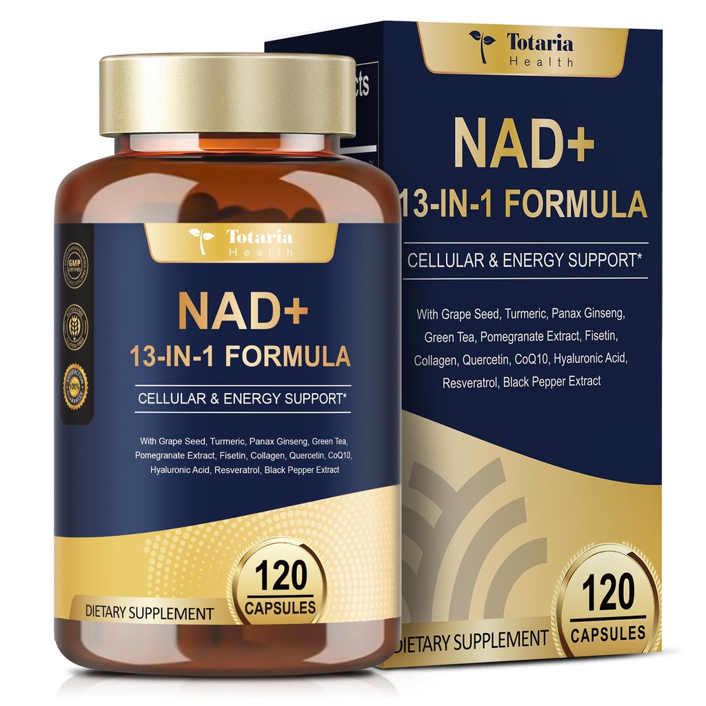 Totaria NAD Papildinājums sievietēm Vīriešiem ar nikotīnamīda ribosīda resveratrolu, Quercetin, Betaine Boost NAD+ Līmeņi NAD Plus papildinājums anti novecošanās, enerģija, imūna, Focus 120 kapsulas