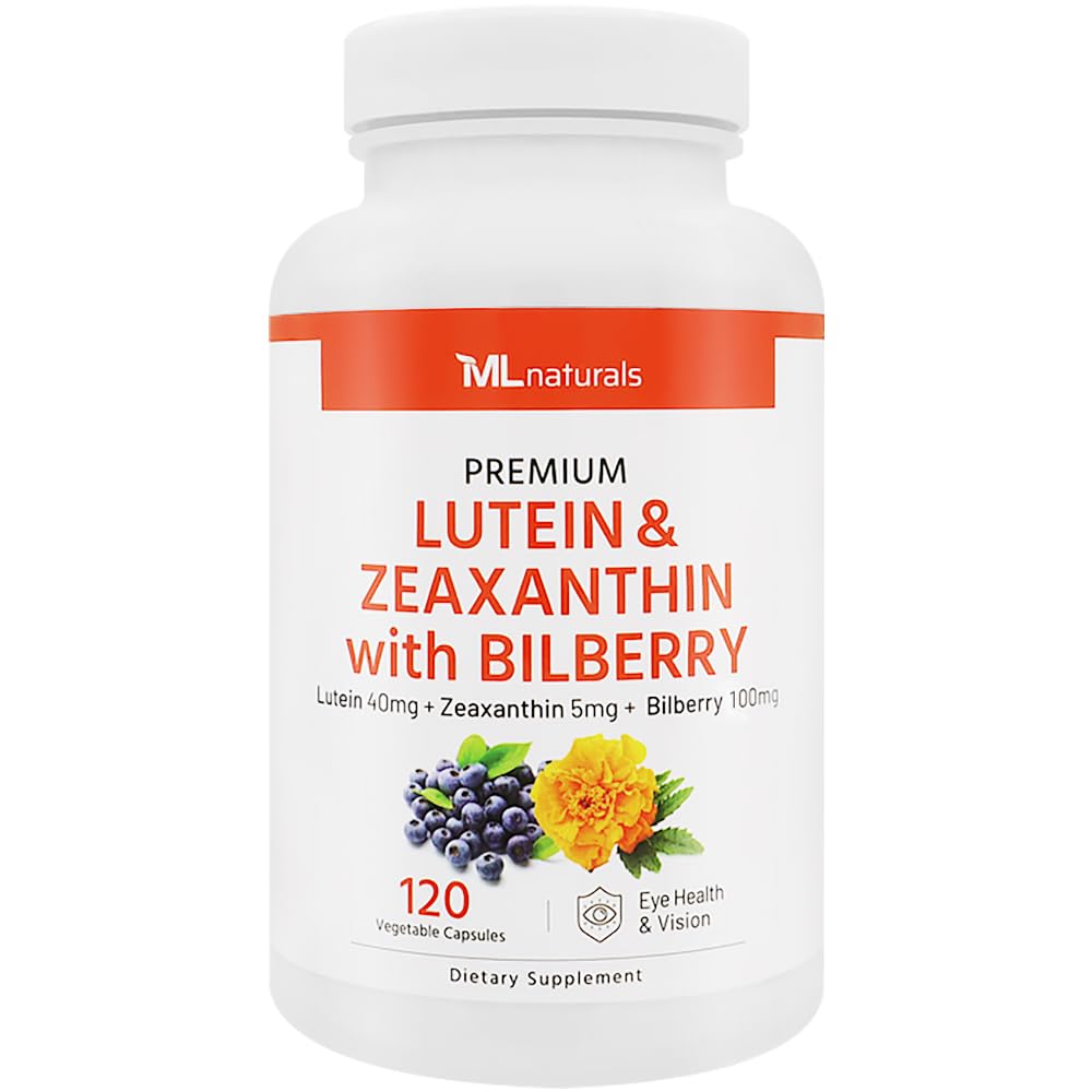 ML Naturals Premium luteīns un zeaksantīns ar Melleņu 120 dārzeņu kapsulām. Luteīns 40 mg, Zeaksantīns 5 mg un melleņu 100 mg. Premium kvalitāte. Veselīgas acis un redze, NSF-sertificēts & cGMP- Compliant
