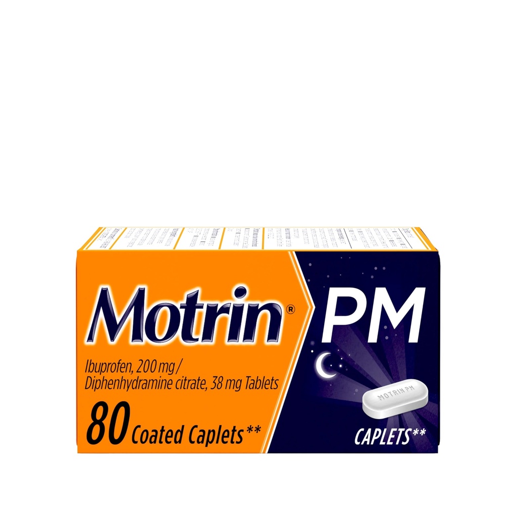 ği Motrin PM Caplets ar 200 mg Ibuprofēna un 38 mg Difenhidramīna šķīdumu miegā, Nakts sāpes Reliver for Minor Aches & Paneses, Bulk, 80 sn