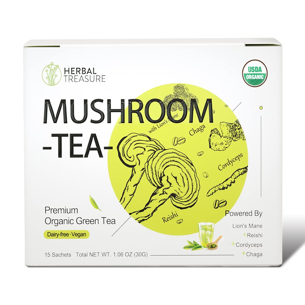 WL Augu dārgumi Sēņu zaļā tēja ar Lions mane Reishi Cordyceps Chaga 15 Count