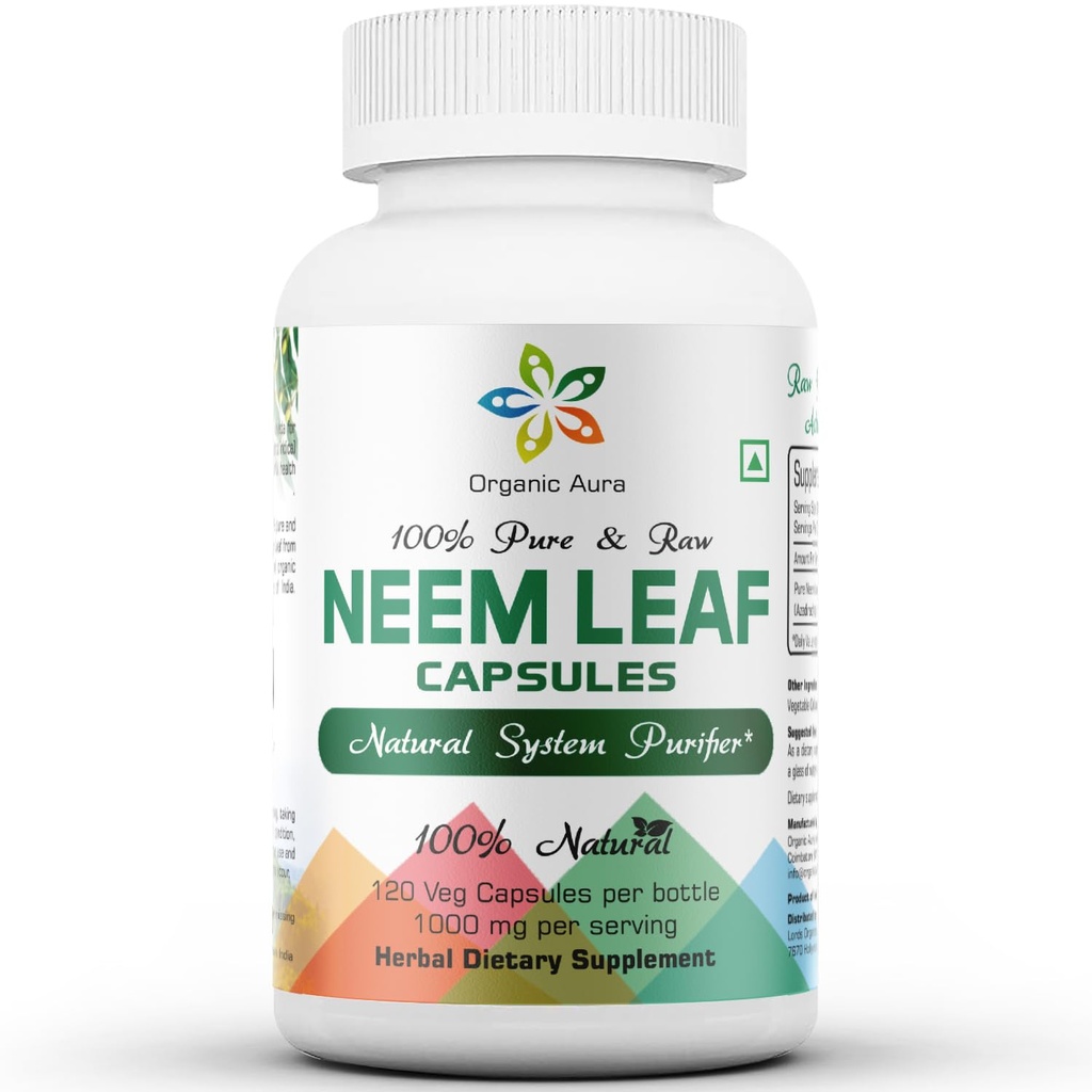 Organiskās Aura Neem kapsulas. 100% tīrs un spēcīgs. Raw Green Visa Superfood. Izgatavots ar Visa spektra Neem Leaves. Brīnums Detoksikācijas aģents. Radianta āda un immunitāte.