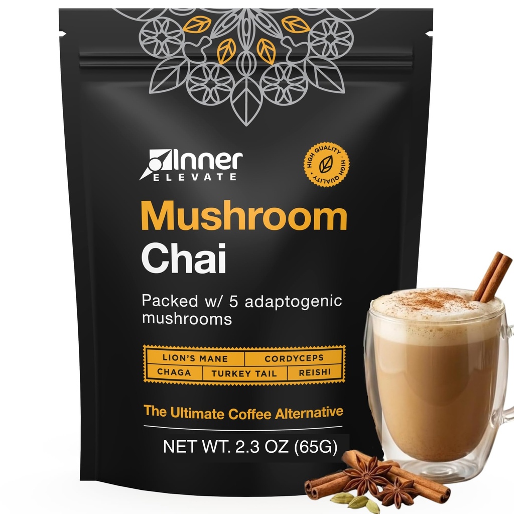 Iekštelpu Paaugstināts Superfood Sēņu Chai - Ultimate Coffee Alternatīva - Adaptogenic Sēņu Tējas Dzēriens ar Lauvas Mane, Cordyceps, Chaga, Reishi, Turkey Aste (35 Kalpo)