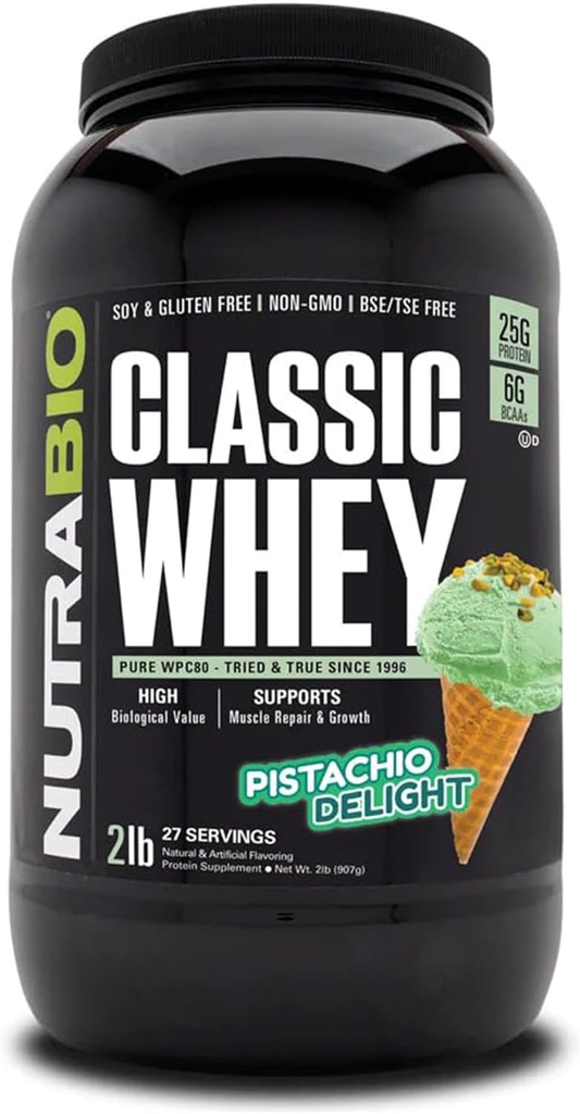 NutraBio Classic Whey Protein Pulver- 25G Protein Per Scoop - Pilns-Spectrum aminoskābes profils - Nē Fileri, Mākslīgās Krāsas, Konservanti - (Pistachio Delight, 2 Pounds)