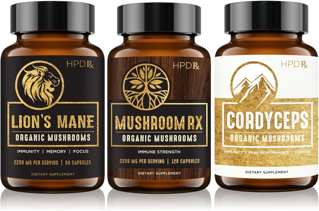 HPD Rx Organic Mushrooms Bundle, Sēnes Rx, Lauvas Mane & Cordyceps, Immunity, Mind & Body Health