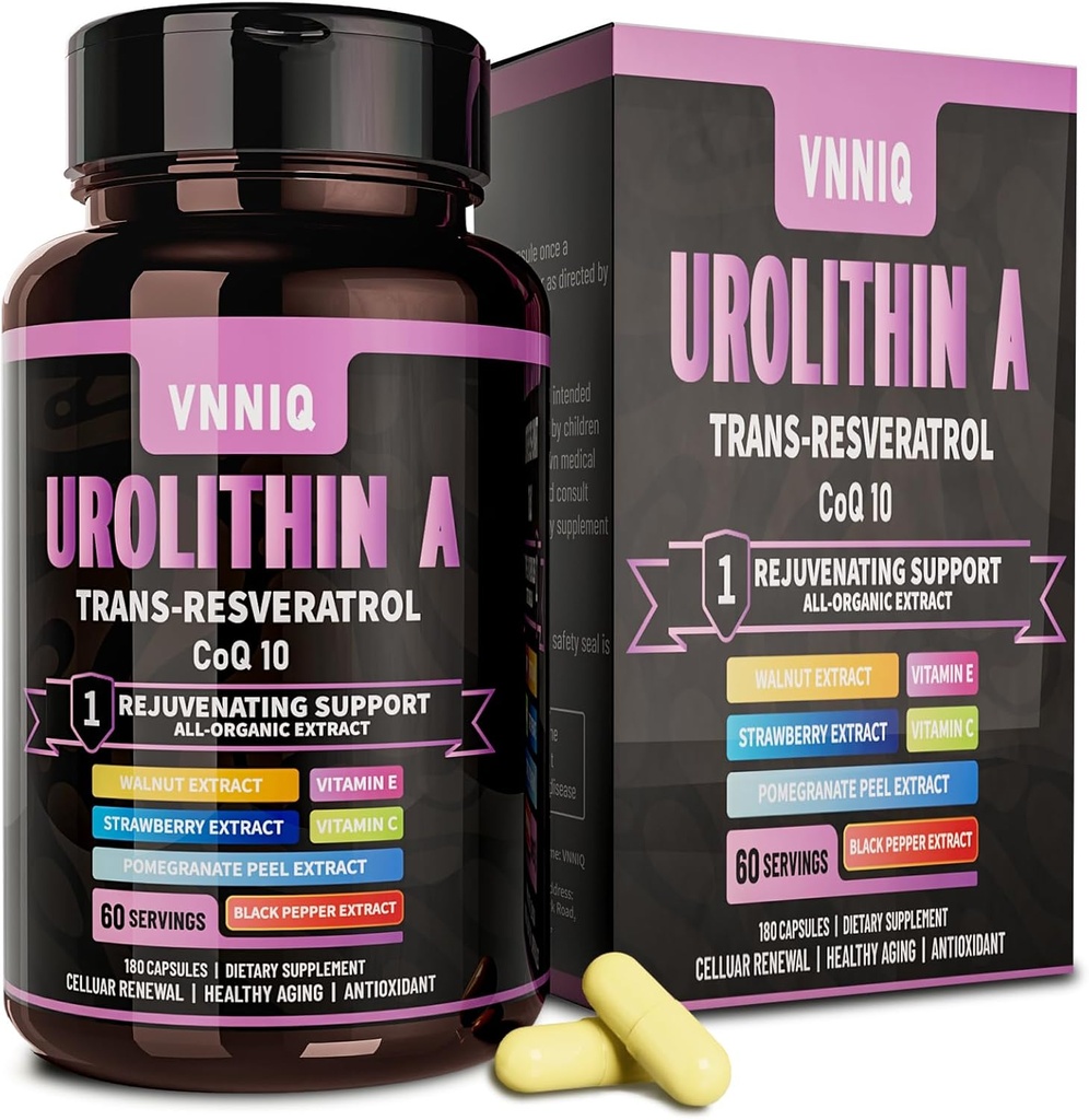 Urolithin A papildinājums, 9-in-1 komplekss ar Urolithin-A, Trans-Resveratrol, CoQ10 un 6 Essential Anti-Aging Nutrients, Atbalsta Anti-Aging, Celulārā remonta, Energy & Focus –180 Kapsulas