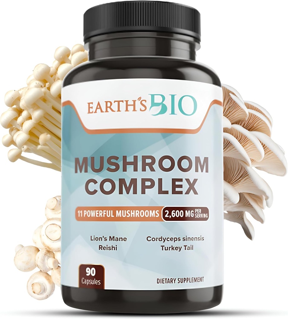 Zemes biosēņu papildinājums Complex 2600 mg per Serving, 90 Caps, ar Organic Lion's Mane Mushroom, Turcija Taile, Enoki Agaricus, White Potton & Oyster Mushroom - Atmiņas un imūnās atbalsts