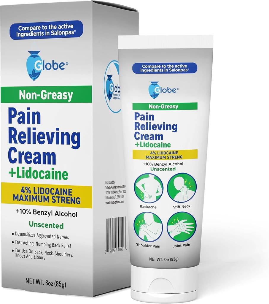 Globe sāpes Relieving Cream Plus 4% Lidokaīns, maksimālais spēks Numbing Relief, ātras darbības Topical terapija muskuļu sāpes, locītavu sāpes, muguras sāpes, kakla sāpes, sāpīgums, sprands & spasms, Necenzēts, 3oz