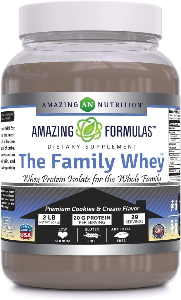 Amazing Formulas Ģimenes sūkalu proteīns (izolāts) Pulveris visai ģimenei - 2 mārciņas - Vispilnīgākā un tīrākā forma olbaltumvielu - bez lipekļa (cookie & Cream)