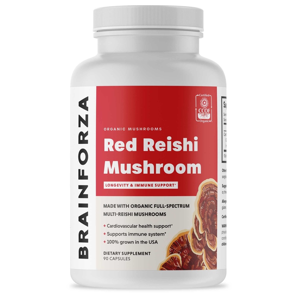Smadzenes Forza Organic Red Reishi Sēņu kapsulas, Adaptogēnas Sēnes Spēcīgs Imūnsupports, Sirds un Sirds un asinsvadu veselība, Vispārējā labsajūta un Vitalitāte, Ne-GMO, Vegan, Organic, 90 Kapsulas