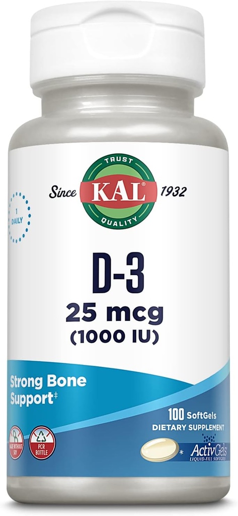 KAL vitamīns D3 1000 SV softgeli (25 μg), aktīvā forma D vitamīns, kalcija absorbcija, kaulu veselība, imūnās palīdzības papildinājums, šķidras, pildītas ActivGel, pagatavots bez sojas, 100 servējumiem, 100 softgeli