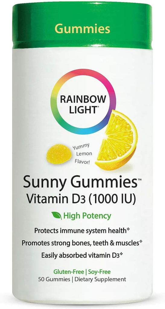 Varavīksnes gaišais - saulrieta gumijas vitamīns D3 1000 SV, atbalsts veselīgiem kauliem, muskuļiem un immunītei ģimenes košļājamā ar D3 vitamīnu, bez sojas, bez lipekļa, skābs citrons, 50 gumija pilieni