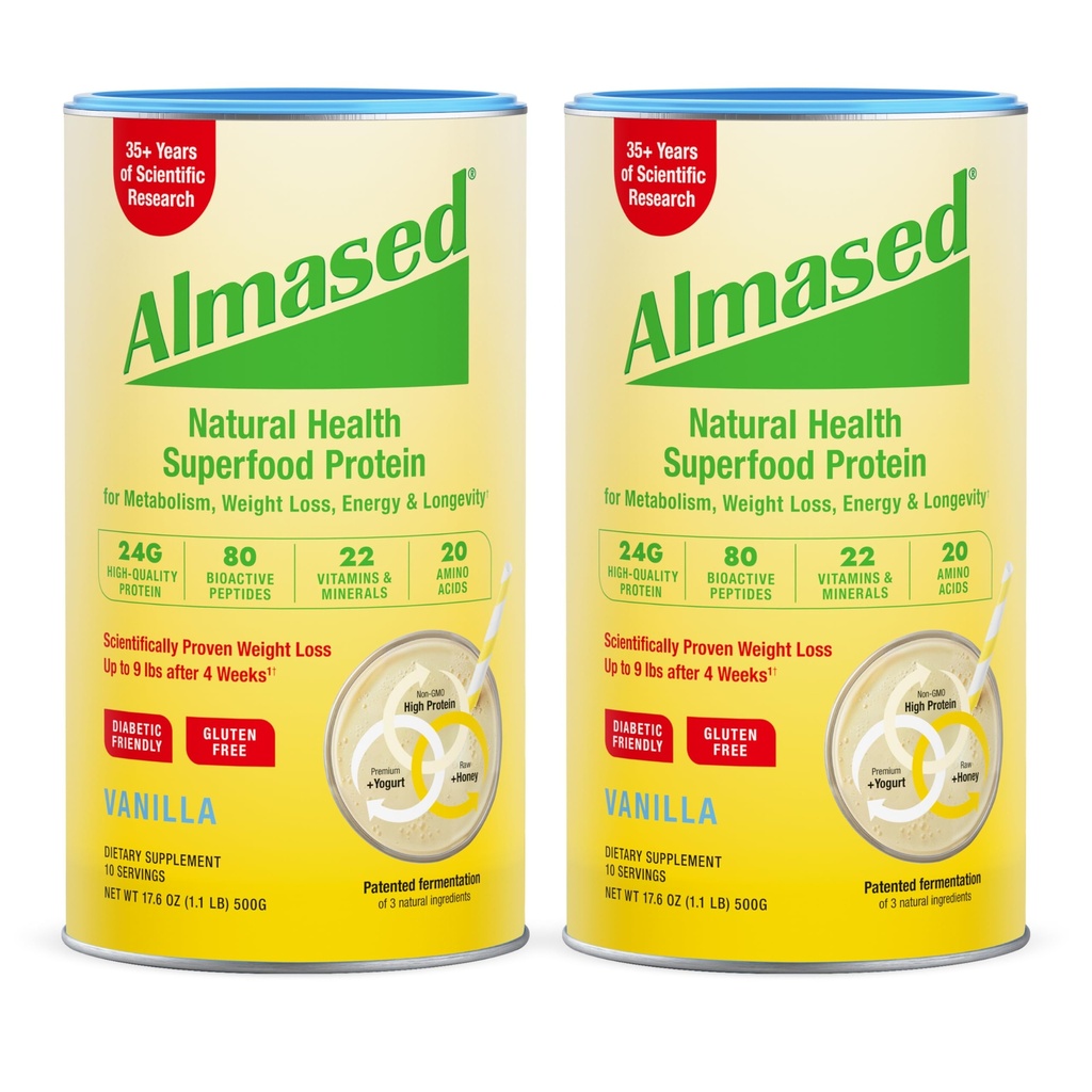 Almased Vanilla Maleal Replacement Shake - Low-Glycemic High Plant Base Protein Pulveris- Uzturs Svars Veselības Papildinājums - Vanilla Flavor - 17,6 oz (1,1 Pound (2 Pack))