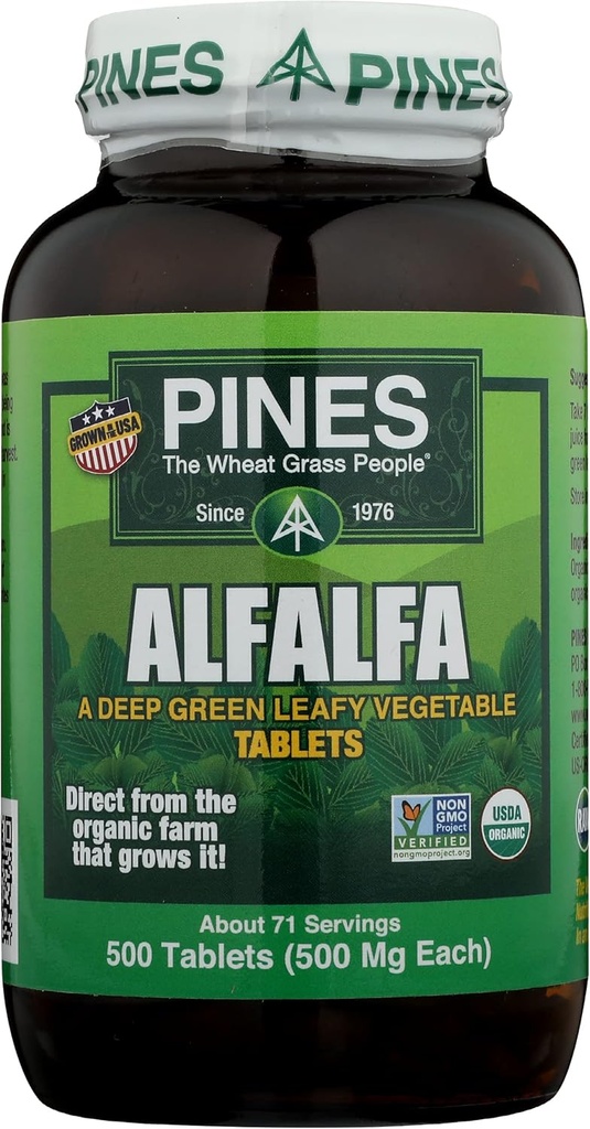 Pines Alfalfa tabletes, Original Green Superfood, USDA Organic, bez lipekļa un ne-GMO, 500mg Katra, 500 tabletes