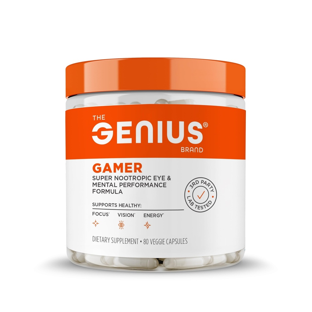 Genius Gamer, Gaming Focus pielikums, 80 tabletes - Elite Nootropic Performance Booster - Boost Brain & Garīgā skaidrība, Reakcijas laiks un koncentrācija - Zilas gaismas atbalsts ar Lutemax