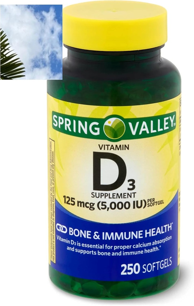 Spring Valley D3 vitamīns Softgels, 125 μg uz Softgelu, 5 000 SV, 250skaits