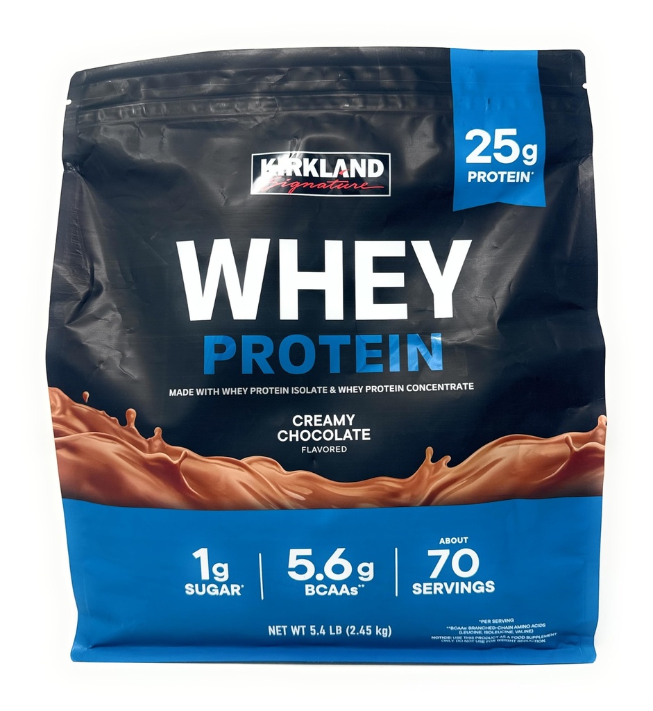 Kirkland Signature Whey 25g Olbaltumvielas,1g cukura,5.6g BCAA,ap 70 Servings Krēmveida Šokolāde Aromatizēti